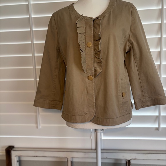 Talbots Womens Khaki Blazer Size 14P Ruffle 3/4 Sleeves Stretch  Spring Pockets‎ - Picture 4 of 9